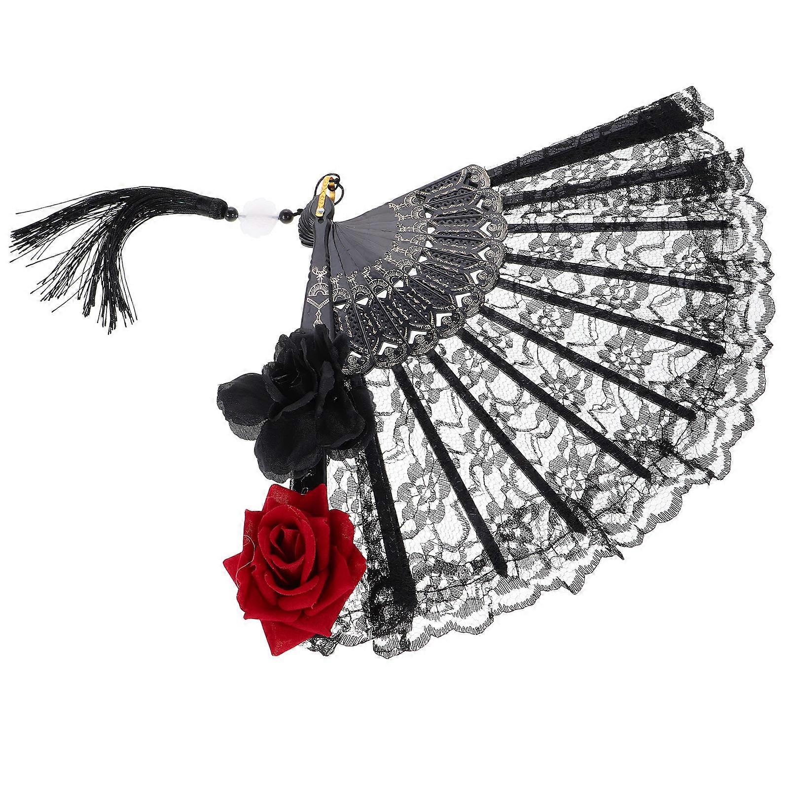 Gothic Black Lace Folding Fan for Victorian Lolita Handheld Use with Romantic Detailing – Ideal for Halloween, Wedding, Cosplay & Themed Events
