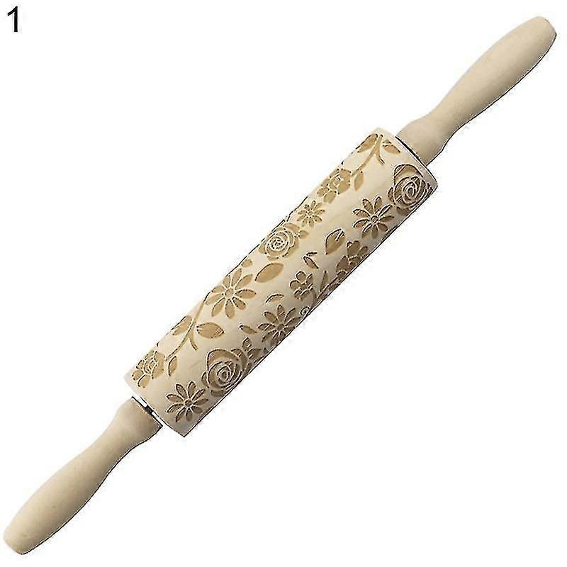 Exquisite Rolling Pin Labor-saving Wood Flower Pattern Embossing Baking Roller For Daily