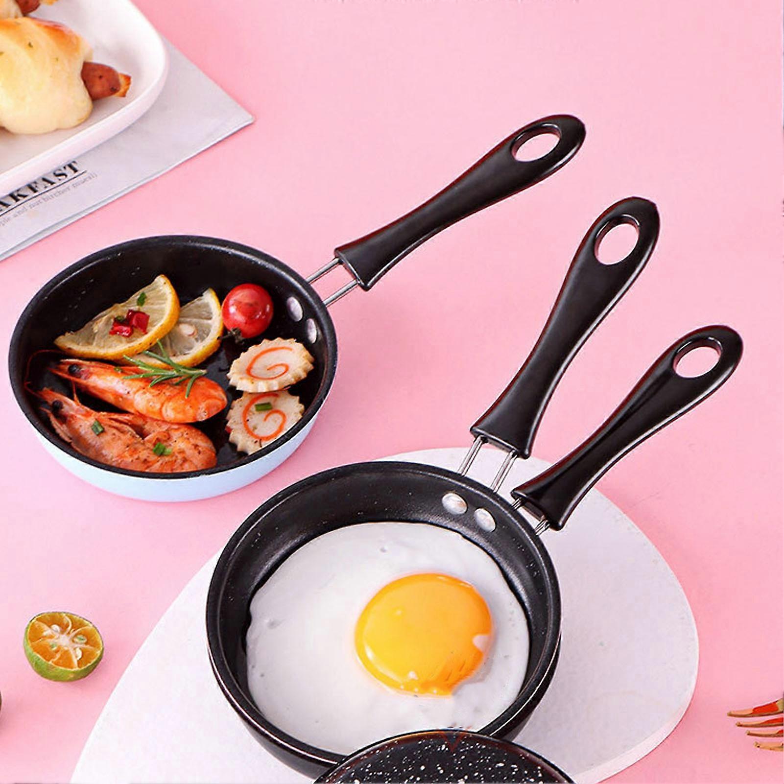 Mini Frying Pan Stainless Steel Prevent Stick Induction Pot Round Breakfast Small Fry Egg Pan with Long Handle 12cm Blue
