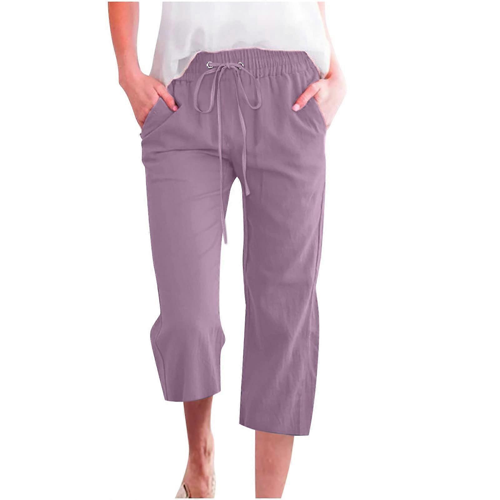 Oversize Summer Pants Women 7/8 Lightweight - Plus Size High Waist Capri Trousers with Drawstring and Pockets in Solid Color A01 Lila S