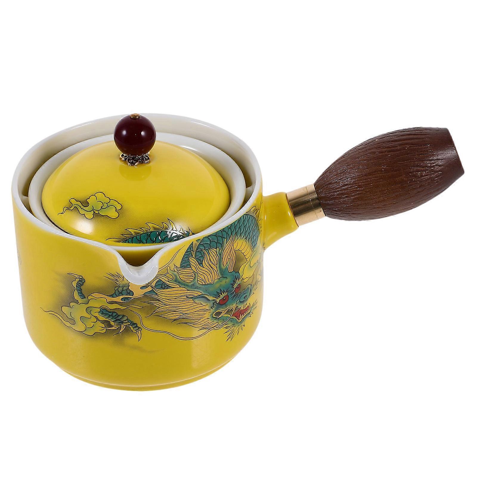 Ceramic Teapot with Wooden Side Handle for Home Use 360 Degree Rotation AntiScald Design