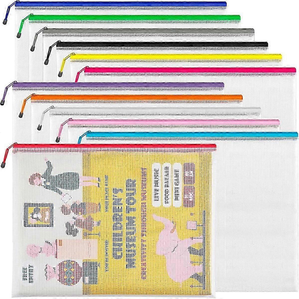 A3 (16.9x12.4 In,12 Pcs) Mesh Zipper Pouch,12 Colors Extra Large Zipper Bags,Waterproof File Pouches for Office Supplies