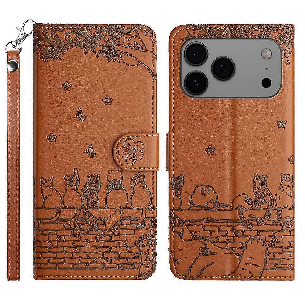 Compatible For iPhone 17 Pro Max Case with Wrist Strap Leather Phone Cover Wall Cats Pattern