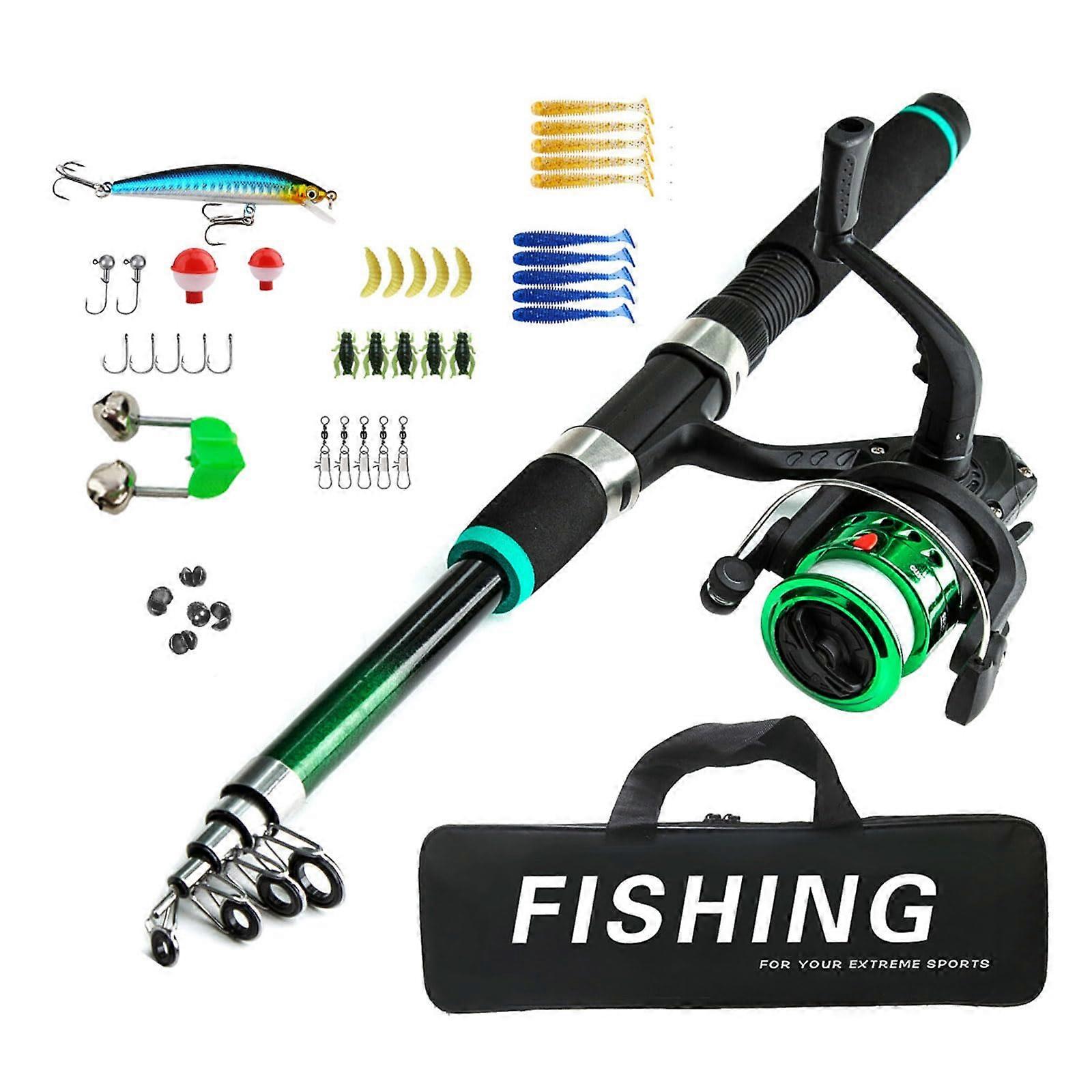 Beginner Fishing Set Fishing Tackles Including Reel Telescopic Rod Float Baits Hook Connector Landing Net Storage Bag Green Set 2