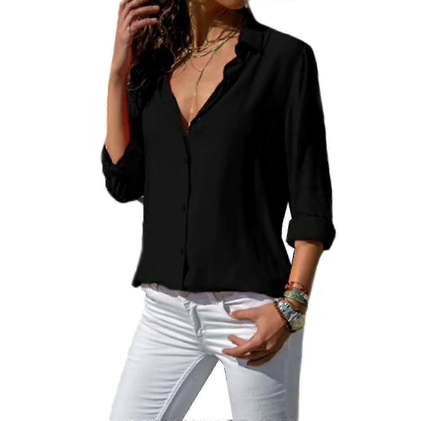Damen Langarm Solid Button Down Revers Shirt