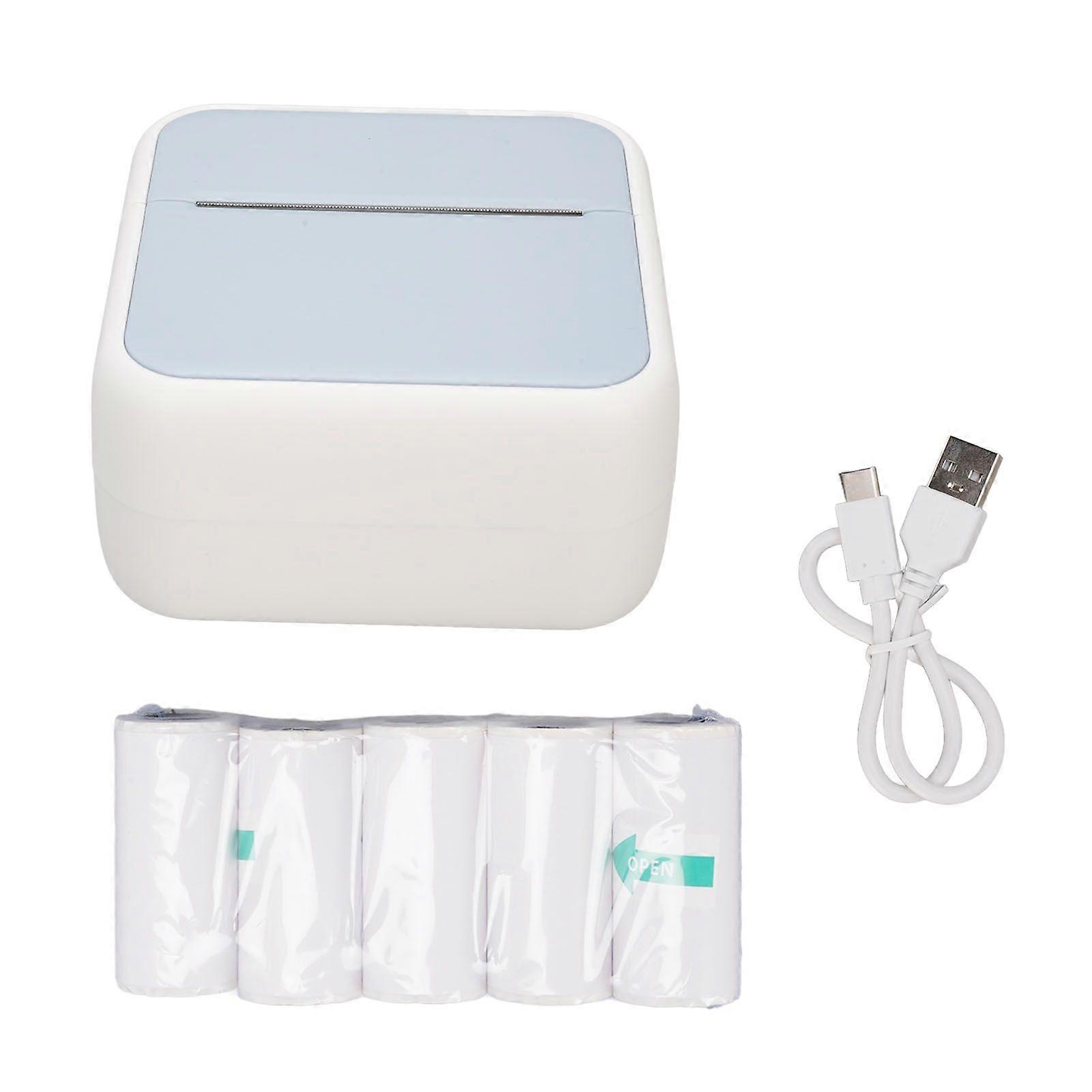 Portable Thermal Printer with 5 Rolls Paper Inkless BT Printing Machine for Label Sticker Barcode Blue