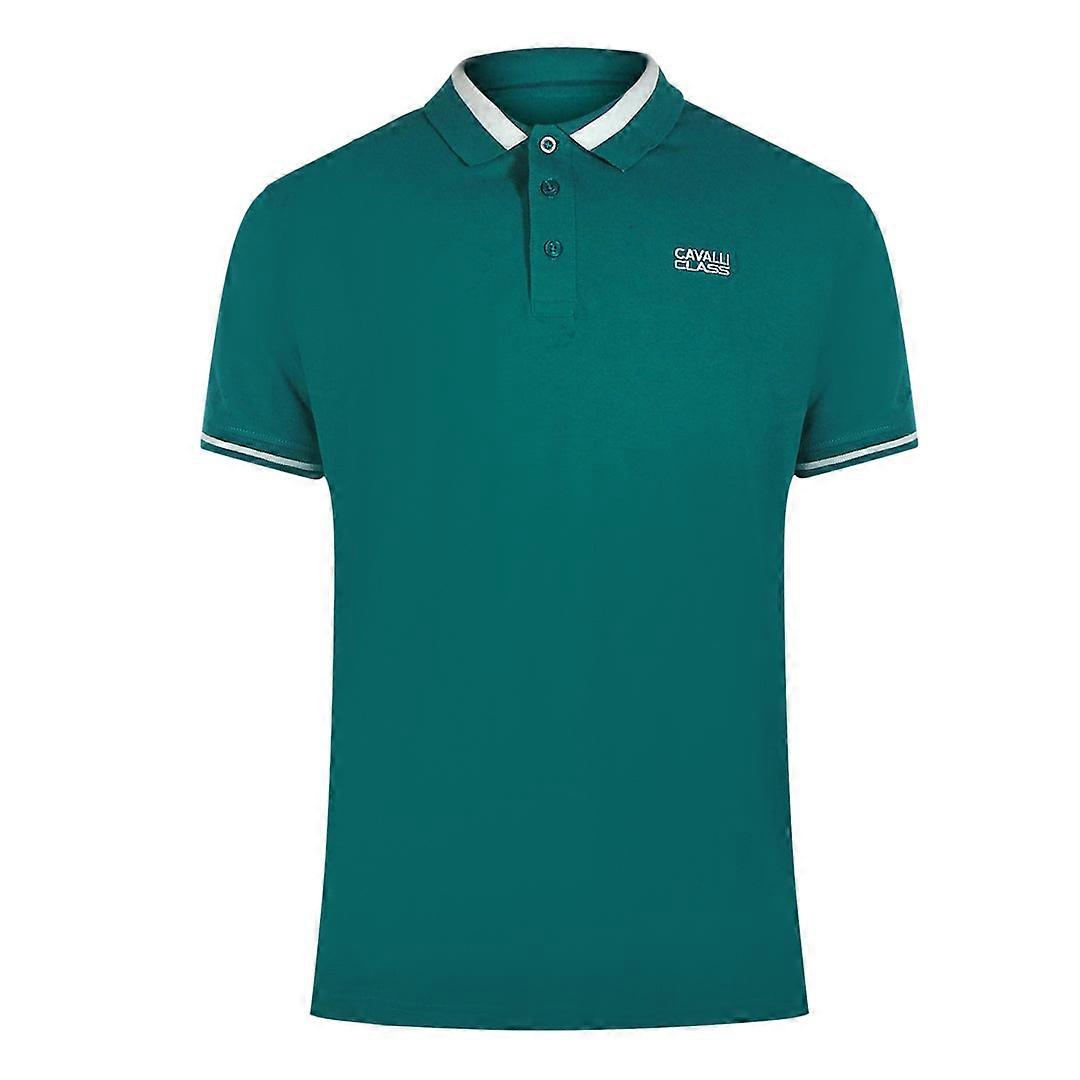 Cavalli Class Bold Stripe Collar Green Polo Shirt