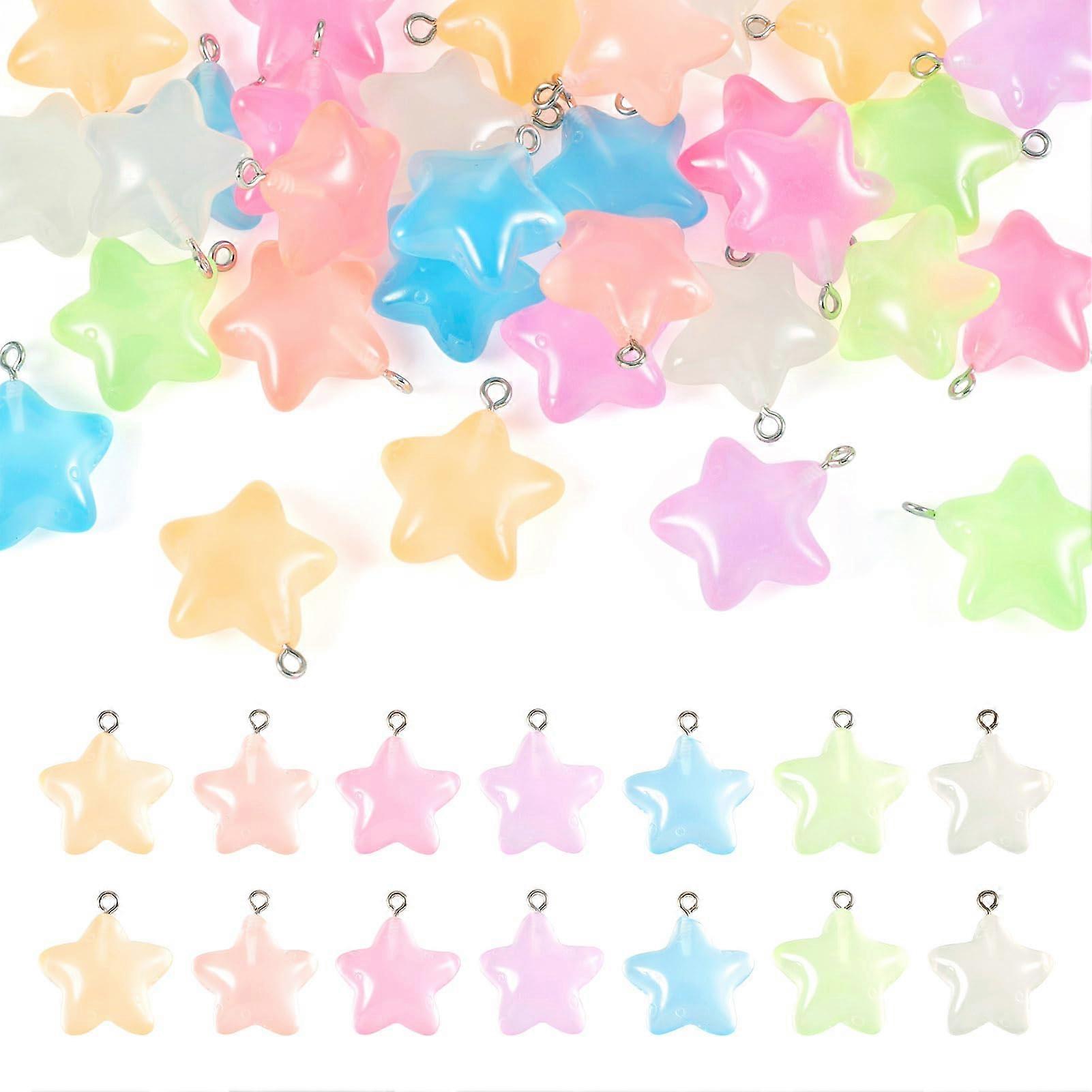 42Pcs Star Luminous Resin Charms, 7 Colors Glow In The Dark Hanging Loop Pendants For DIY Jewelry