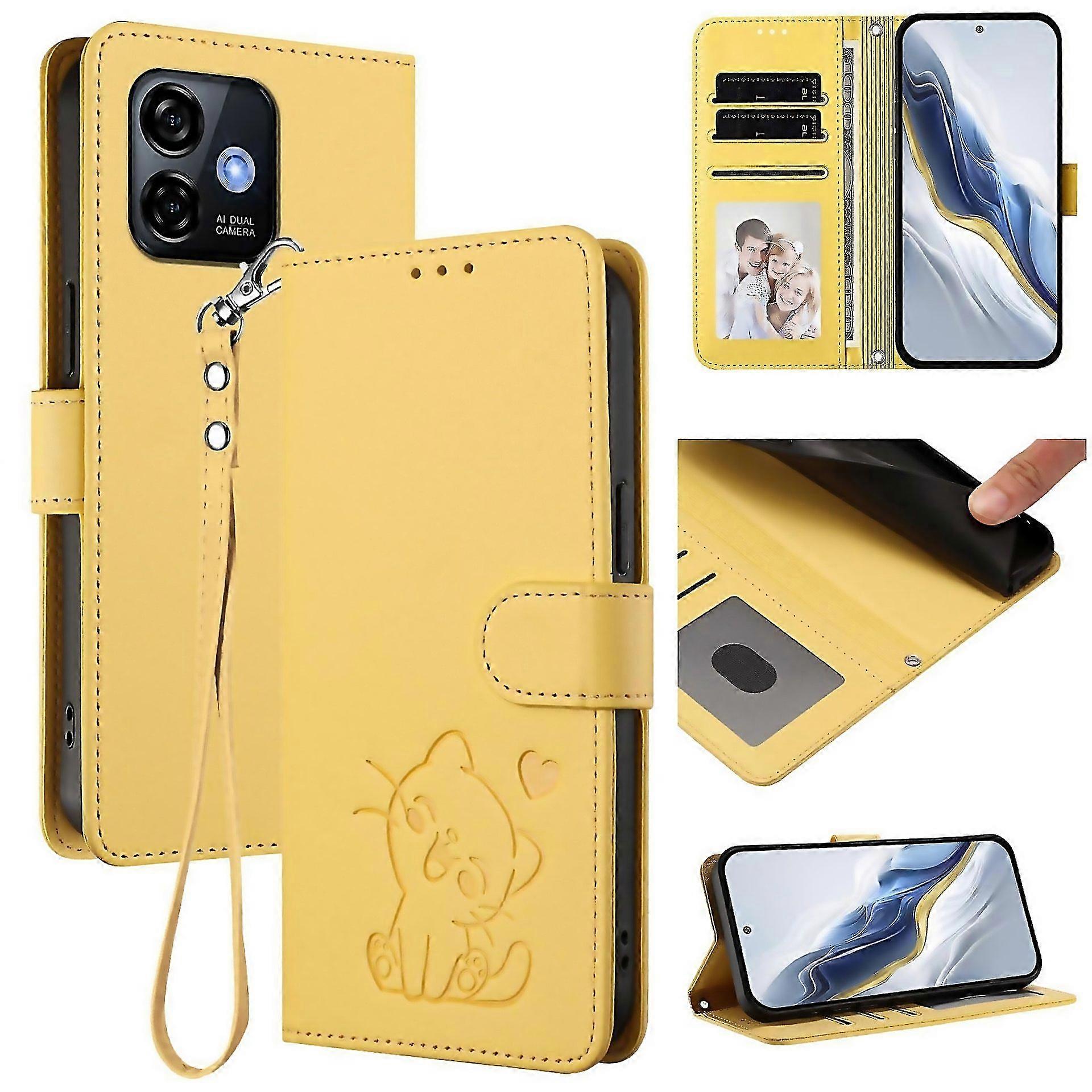 For Embossed Heart Cat Leather Phone Case With Hand Strap Suitable For Everyday Use