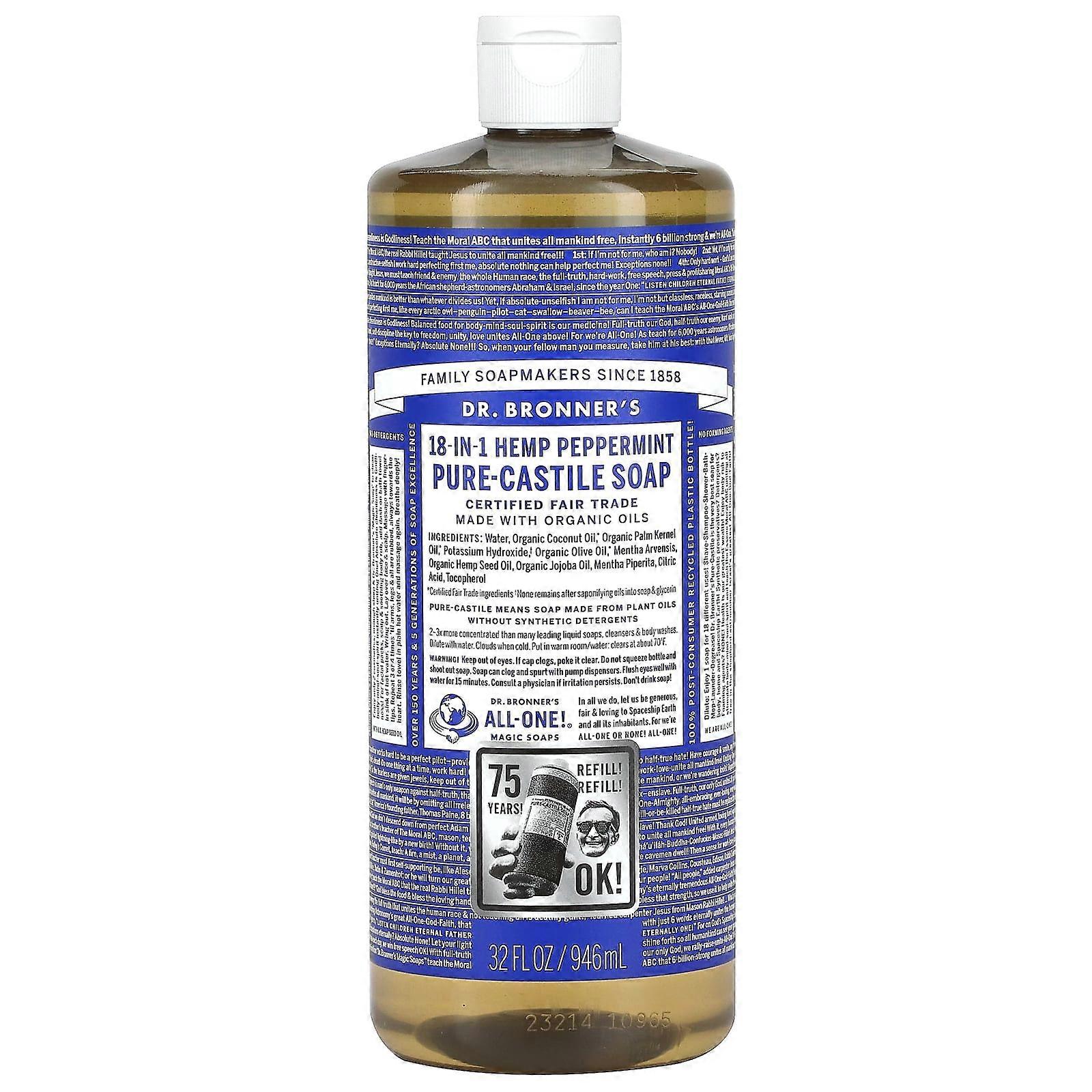 18-in-1 Hemp Pure-Castile Soap, Peppermint, 32 fl oz (946 ml)