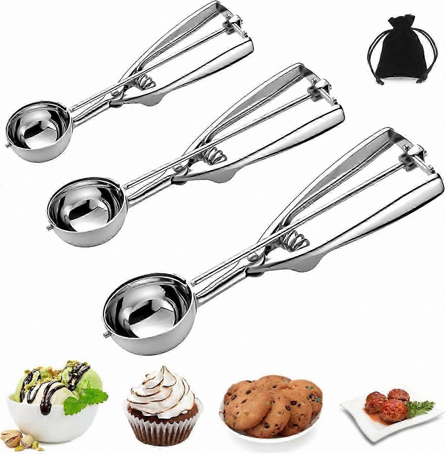 3-Piece Stainless Steel Scoop Set for Baking, Ice Cream and Cookie Use, Durable and Easy to Clean