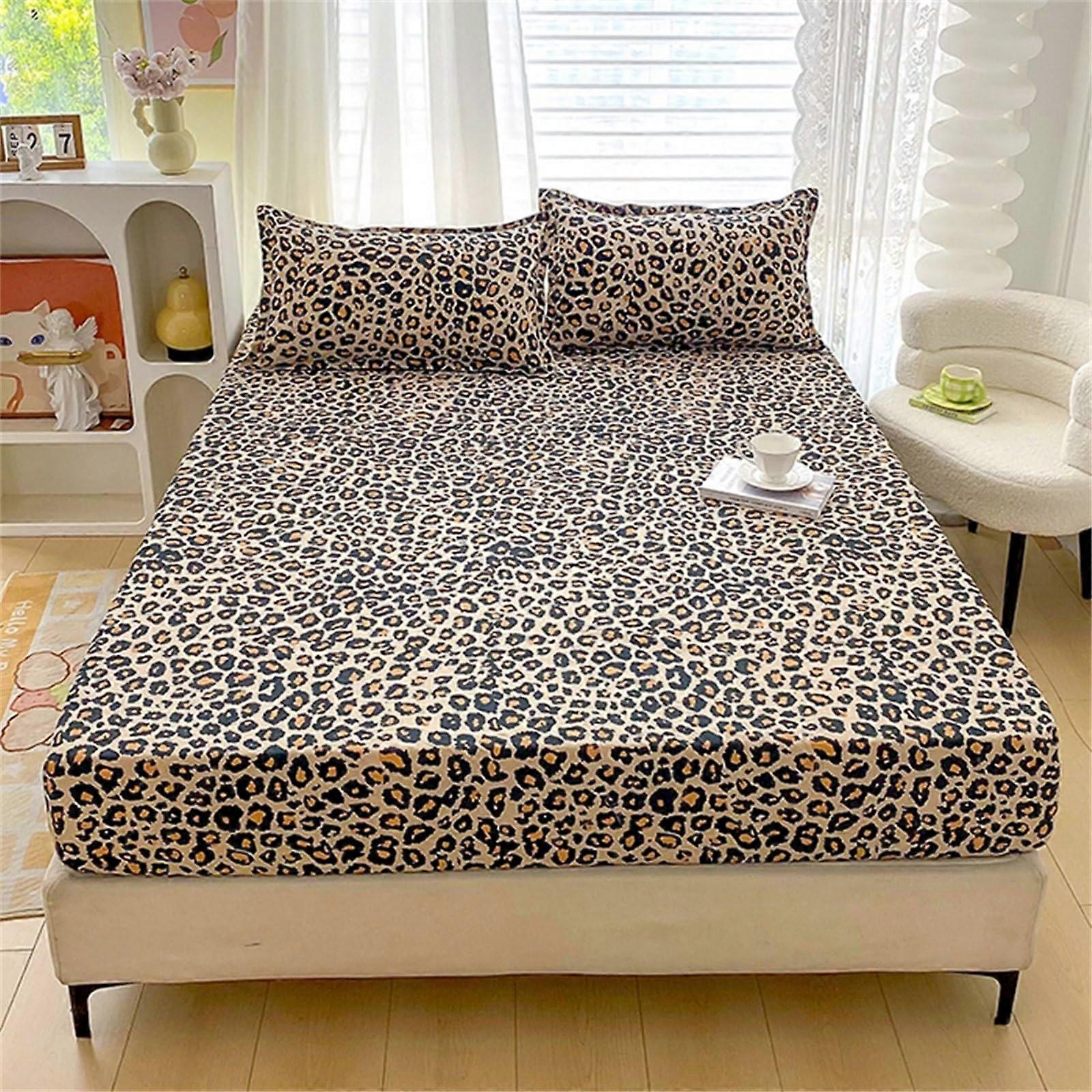 Leopard Print King Size Fitted Sheet Set with Pillowcase, Soft Microfiber, 2527cm Deep Pocket, 180x200cm