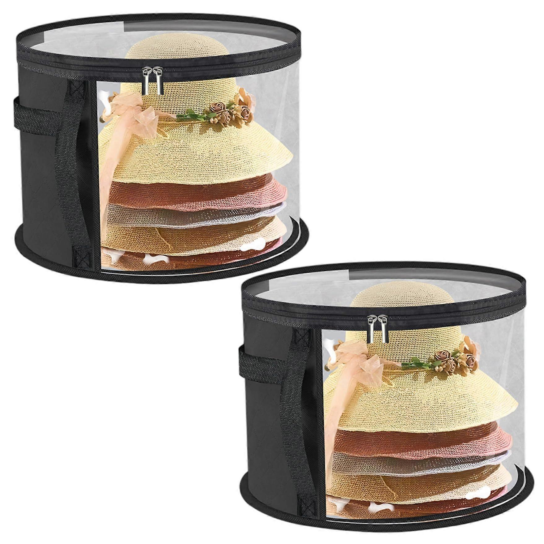 2Pcs Round Hat Storage Box with Clear Lid and Handle, Dustproof Organizer for WideBrim Hats, Black
