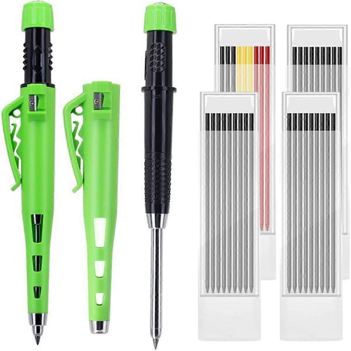 55mm Long Nib Carpenter Pencil Set - 2 Deep Hole Marking Pencils with 4 Boxes 36 Refill Leads, Work