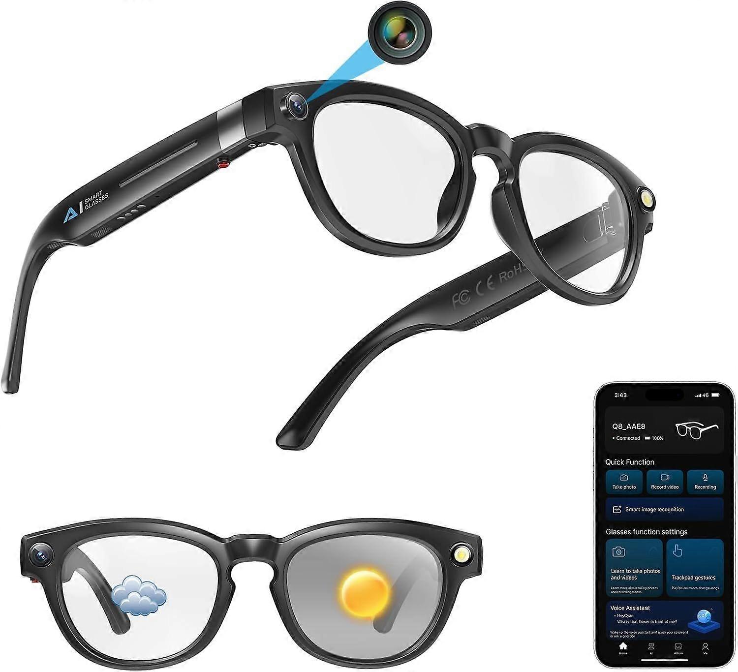 AI Smart Glasses with 1080P Camera Real Time Translation Hands Free Music and Calls 32GB Storage