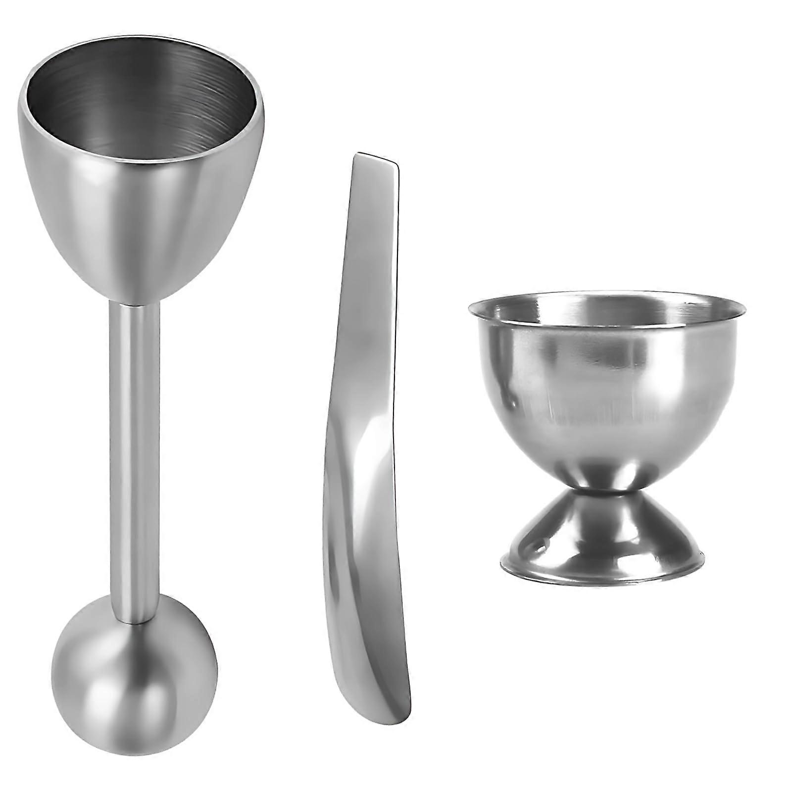 Egg Cracker and Boiled Egg Cup Set with Spoons, Stainless Steel Breakfast Opener, 5Piece Silver