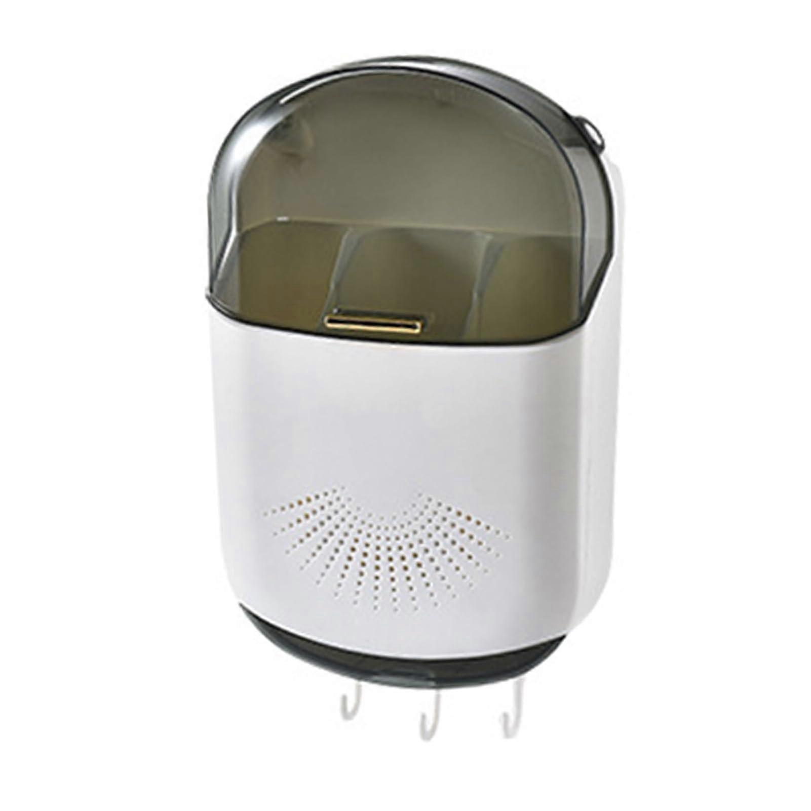 Wall Mounted Utensil Holder with Dustproof Cover, 3 Compartments Kitchen Chopstick Organizer with Drainage Tray and Hooks, White