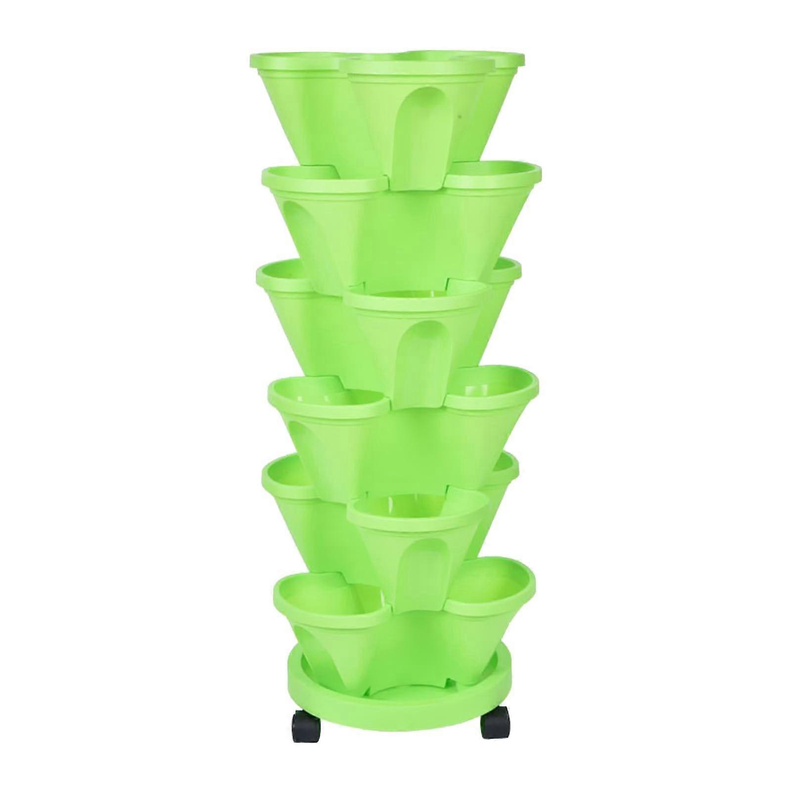 6 Tier Stackable Vertical Garden Planter Tower with Wheels for Strawberries Herbs Vegetables Flowers Green
