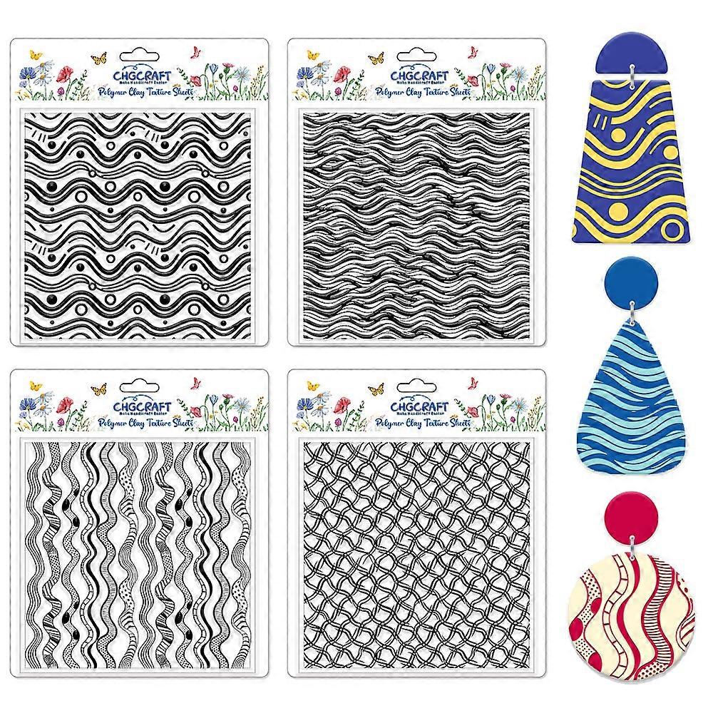 4 Pcs Artistic Wavy Polymer Clay Texture Sheets Wavy Lines Silicone Texture Stamp Seamless Pattern Modeling Pattern Pad Sheets for Jewelry and Earring