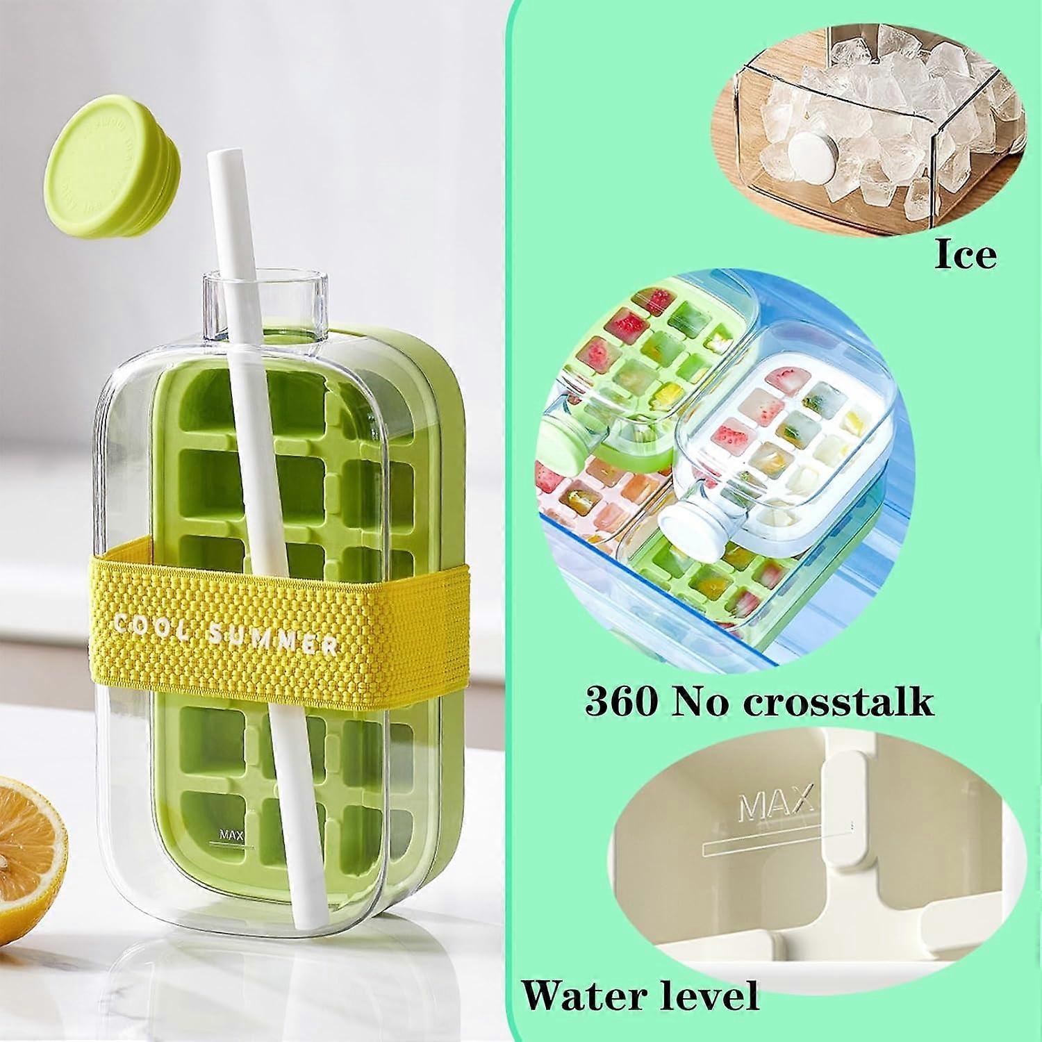 2 in 1 Ice Cube Water Bottle with Straw, Leakproof Quick Release Ice Maker, 600ml White