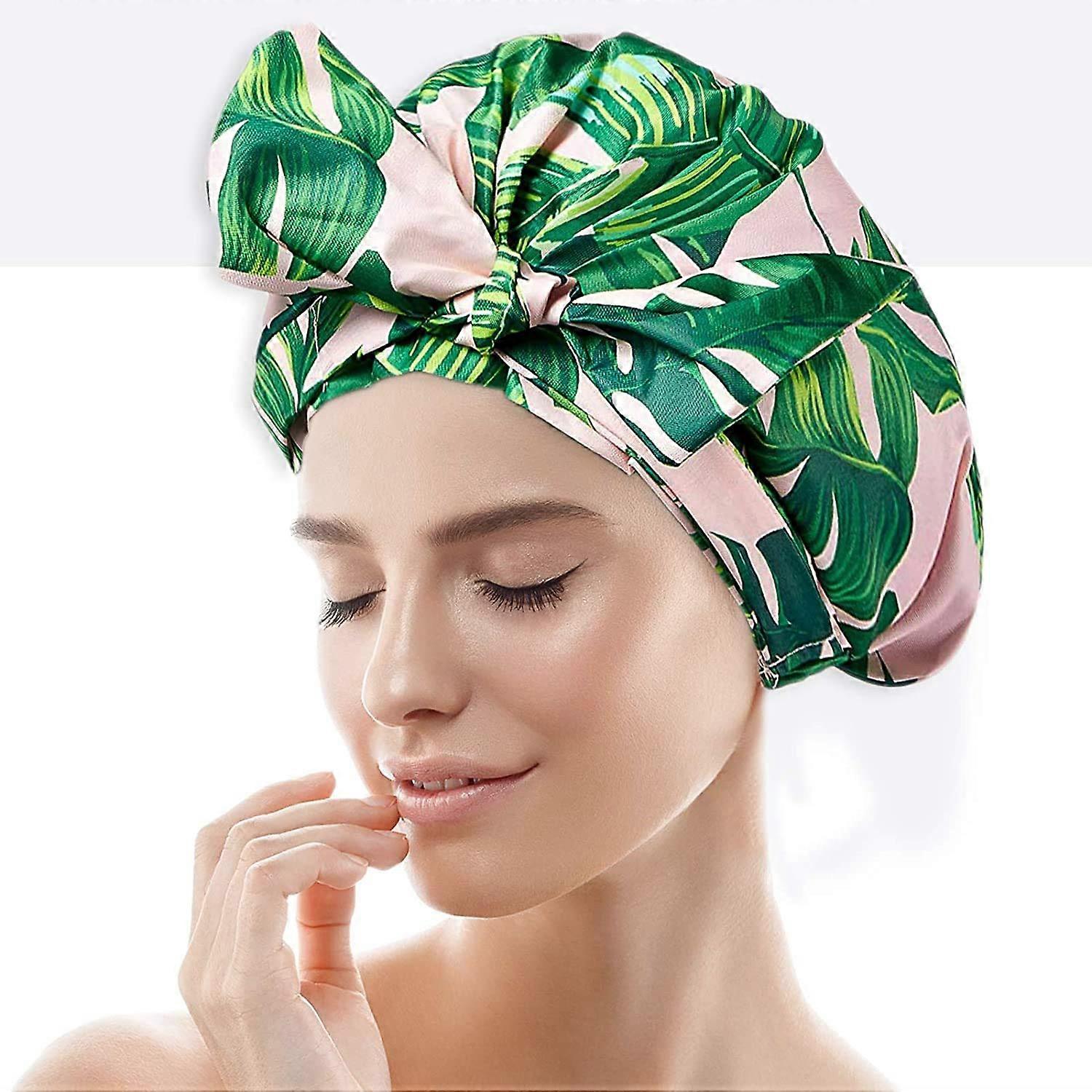 Waterproof Extra Large Shower Cap for Women Long Hair, Reusable Double Layer with Green Leaf Pattern