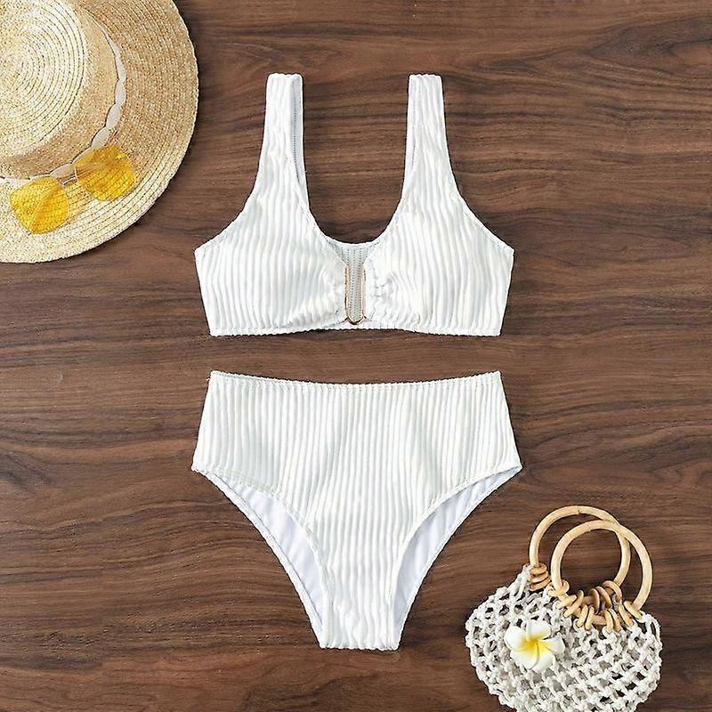 Women's Two-Piece High-Waisted Solid Color Beach Swimsuit