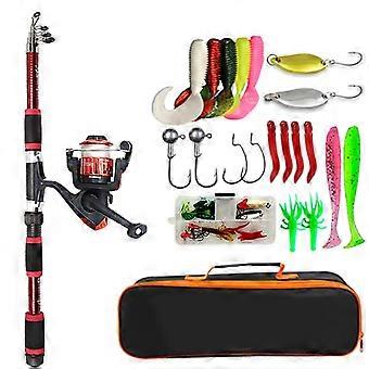 Conjunto completo de vara de pesca com vara telescópica, molinete, iscas, anzóis e kit para viagem.