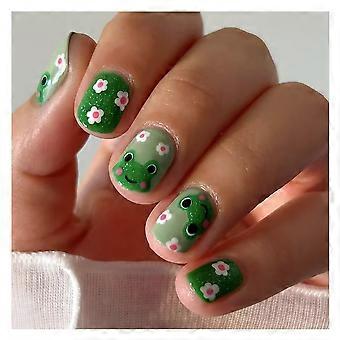 24PCS Cute Summer Press on Nails Set – Glossy Short Square Fake Nails with Green Frog and Flower Kawaii Design for Girls and Teens