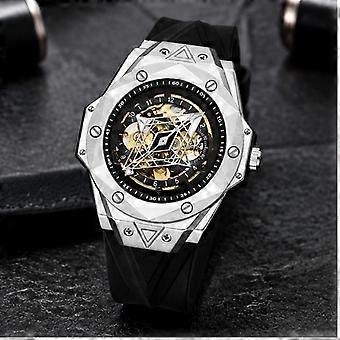 Men's Automatic Mechanical Skeleton Watch Unique Irregular Large Dial Sporty Black Leather Strap Silver Steel Case Black Dial White Markers JY