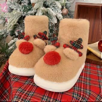 Christmas Elf & Deer Antler Short Boots with Red Nose, Warm Slip-On Winter Snow Boots, Soft Fabric for Snowy Days and Holiday Parties