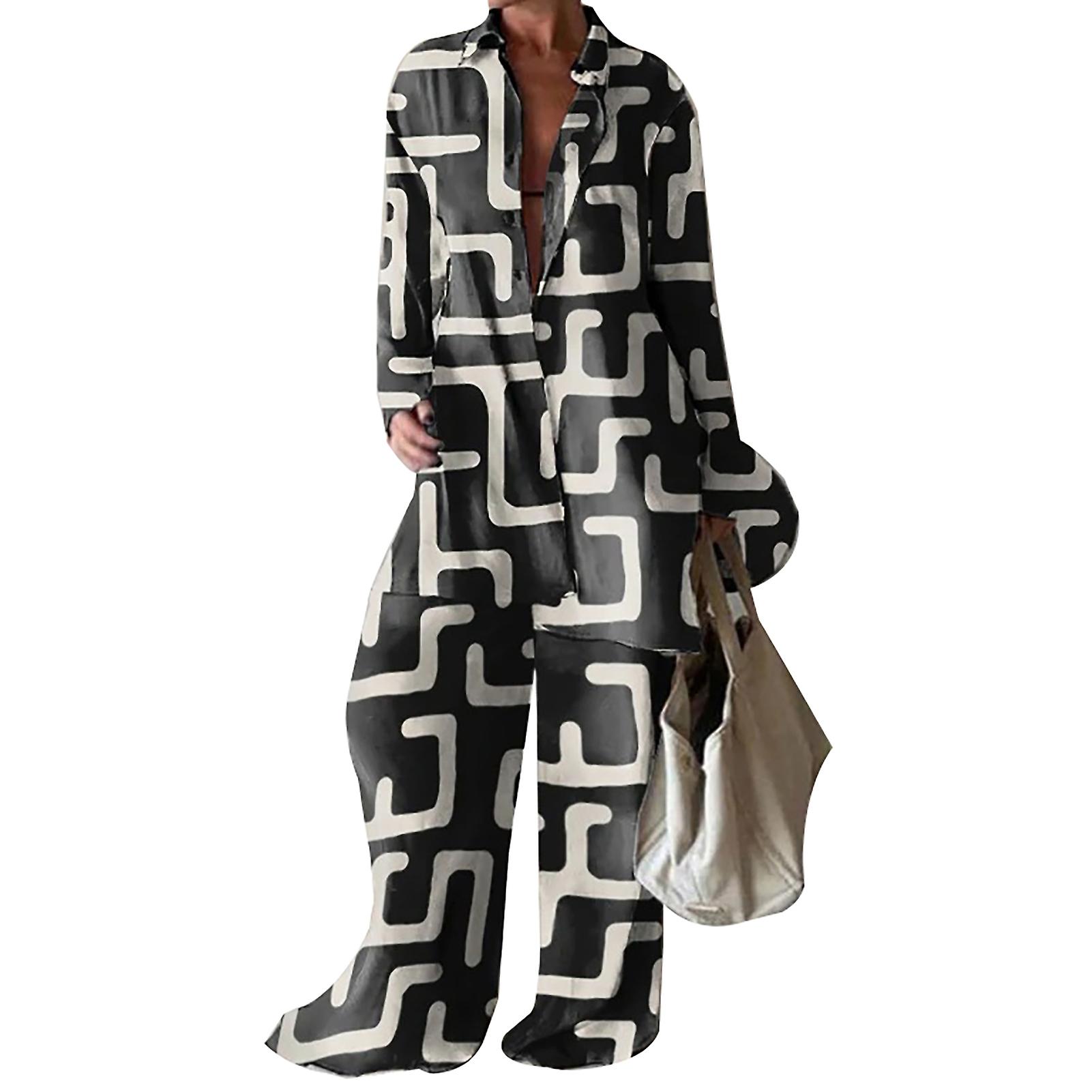 Women Top & Pants Two-piece Set Long-sleeved Shirt And Loose Pants For Daily Routine Work Vacation