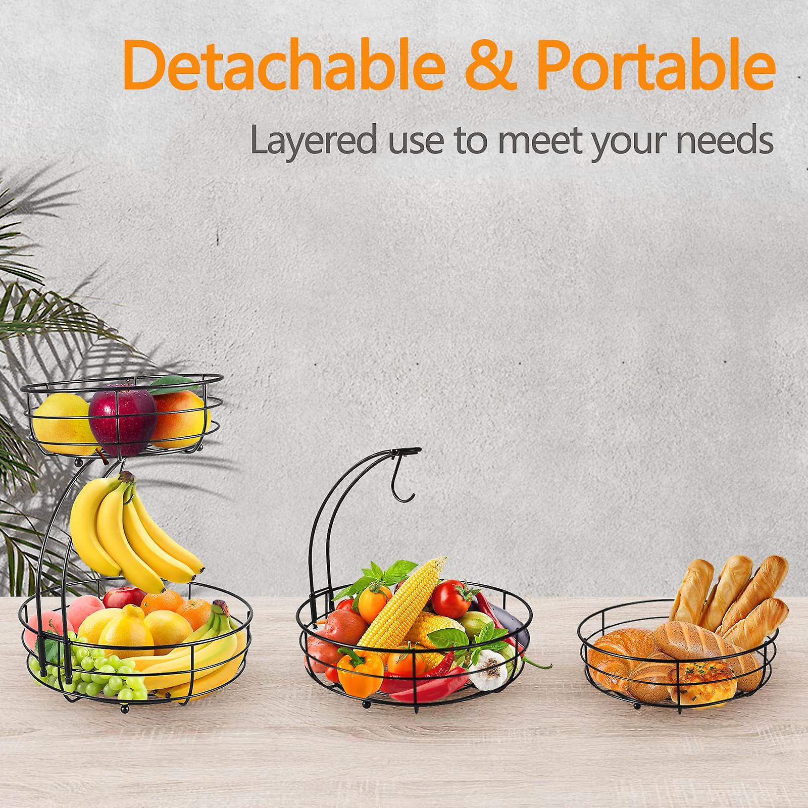 Metal Fruit Vegetables Bowls 2-Tier Fruit Basket with Banana Hanger Kitchen Countertop Fruit Rack