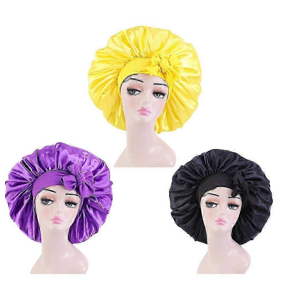 Bonnet en satin Bonnet en soie Bonnet pour cheveux (jaune + violet + noir) Taille Jumbo pour Sleepi