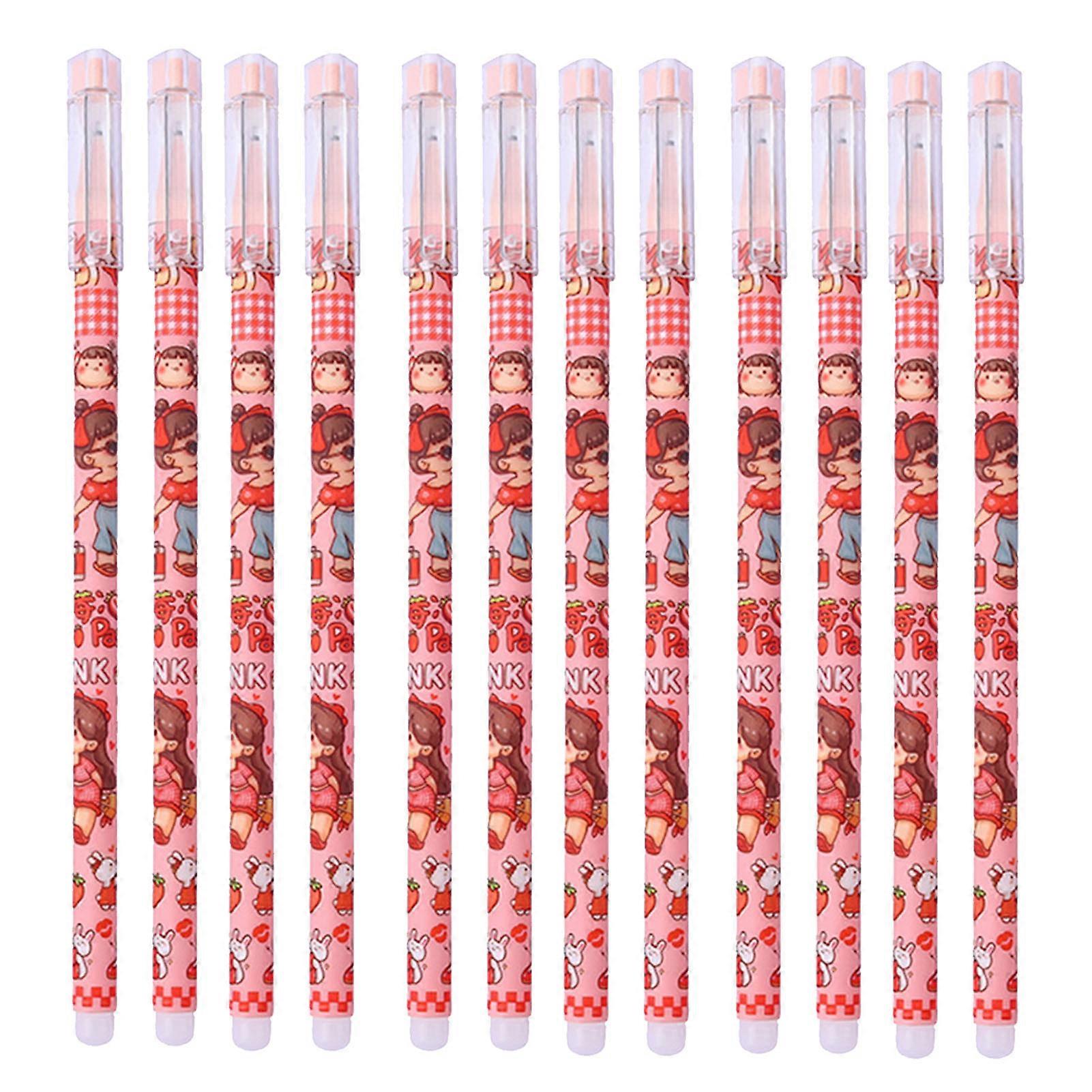 12Pcs Erasable Pen Cute Girl Cartoon Pattern Smoothly Writing Gel Pens with Ball Protective Cover Blue 0.5mm