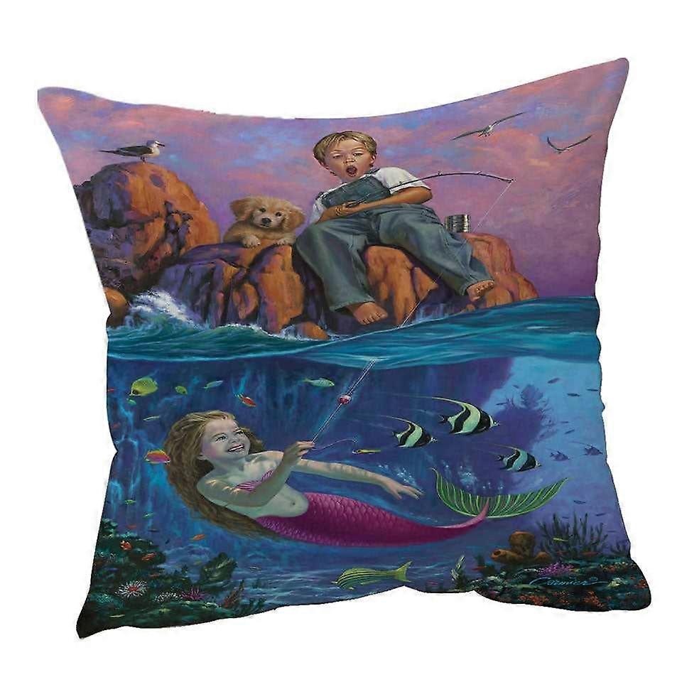 Fun Kids Design Catch of the Day Boy and Mermaid Cushion Cover
