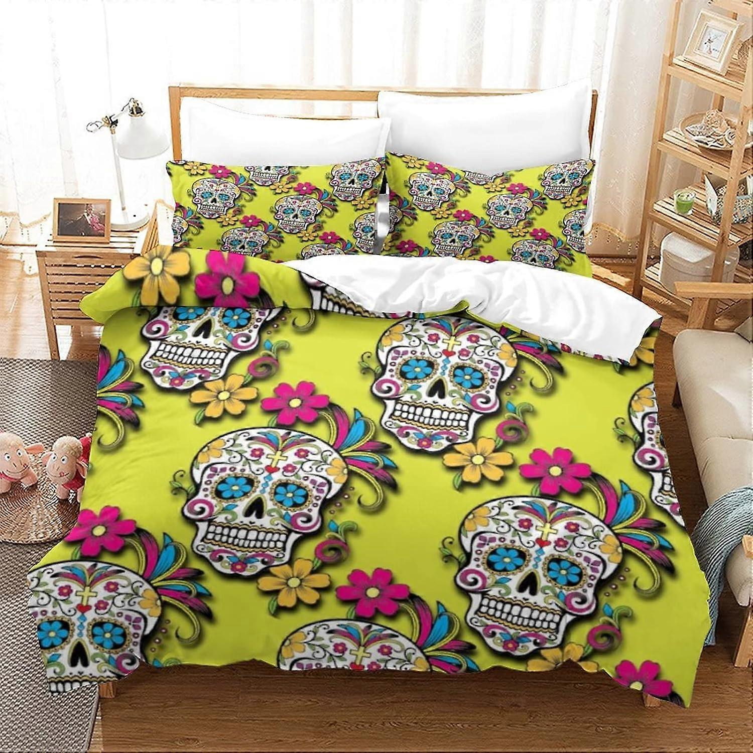 Skeleton Printed Bedding Set Pattern Duvet Cover with Pillowcases Hypoallergenic Microfiber D Gothic Printed Microfiber Bedding,for Adults Ad