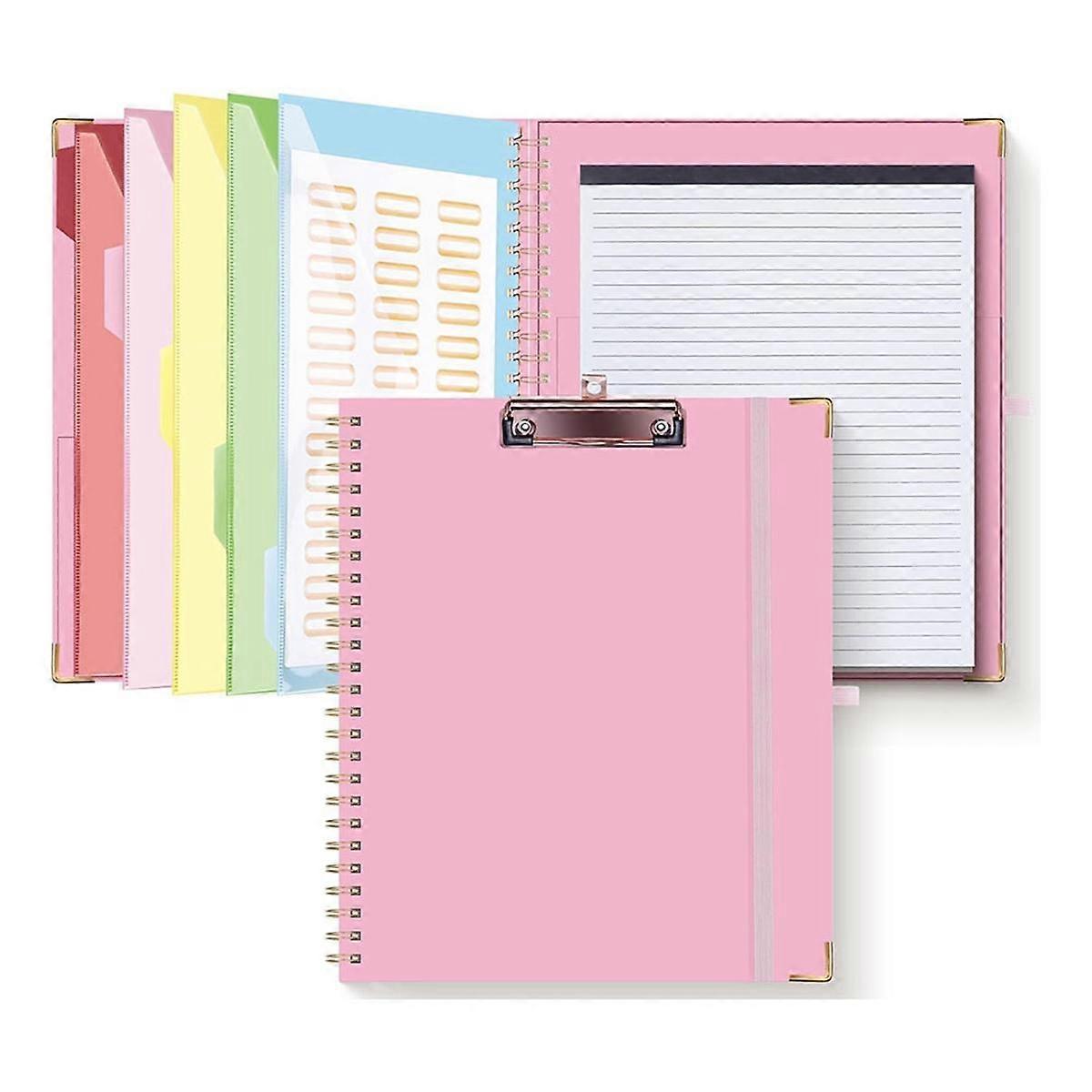 Clipboard ,5 Dividers with 10 Pockets, Elastic Pen Holder and Folder Labels, Spiral Nurse Clipboard Art Board Pink