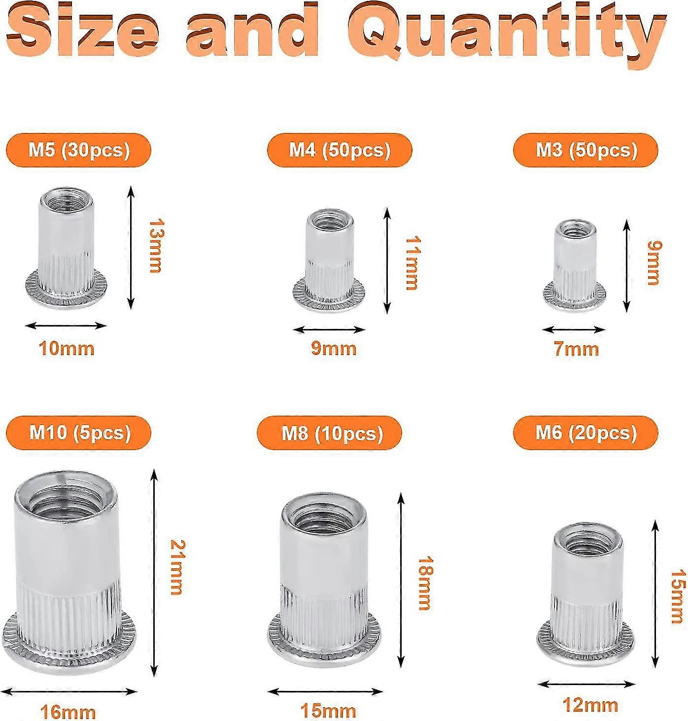 165pcs Stainless Rivet Nut Tool Flat Threaded Head(6 Types Nuts)