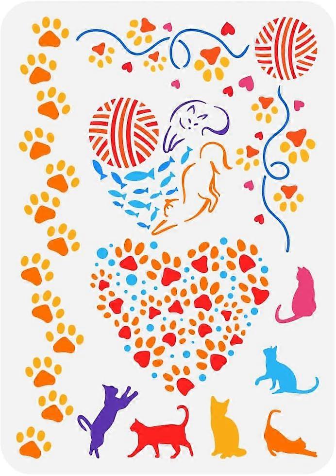 Cats Stencil for Painting 8.3x11.7inch Large Cat Paw Print Painting Stencil Reusable Cat Fish Wool Ball Drawing Template Hollowed Heart Pattern Frame