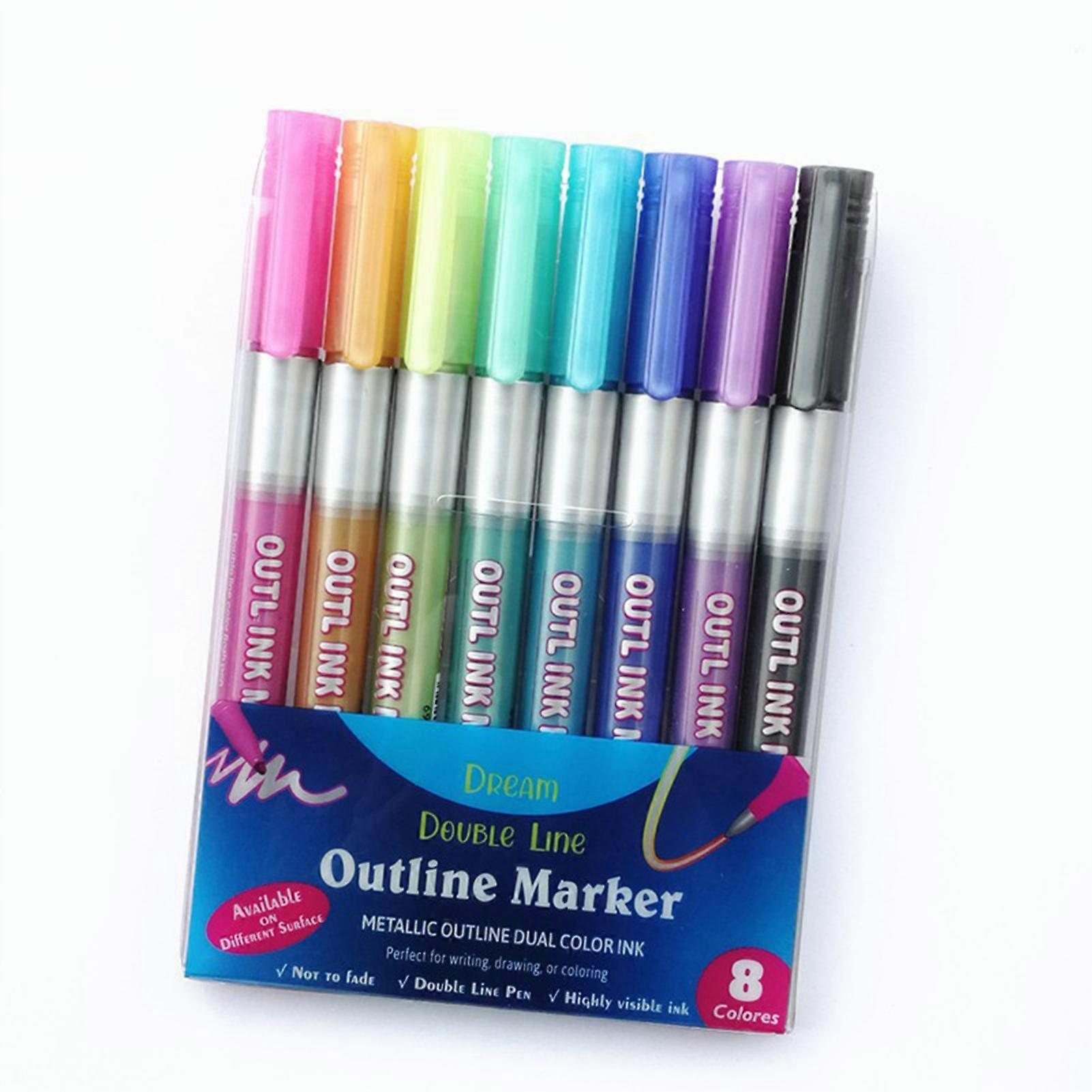 8 Pcs Highlighters Comfortable Grip Smooth Ink Output Non-slip Double Lines Mark Painting Graffiti Pen Eye Care Art Outline Pens for School KAESI