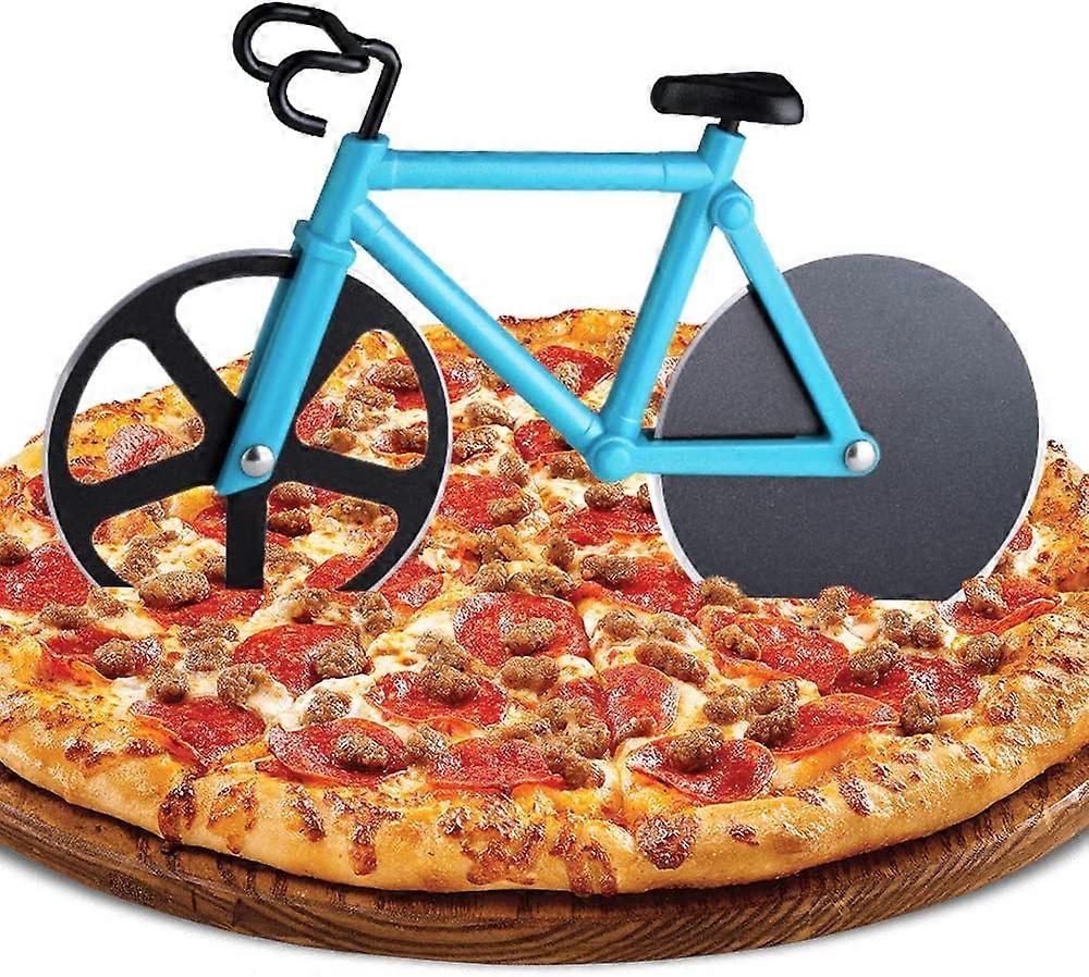 Bicycle Pizza Cutter, Bicycle Pizza Cutter, Pizza Slicer, Double Stainless Steel Pizza Cutter, Ultra Sharp Blade with Non-Stick Coating and Stand (Blu