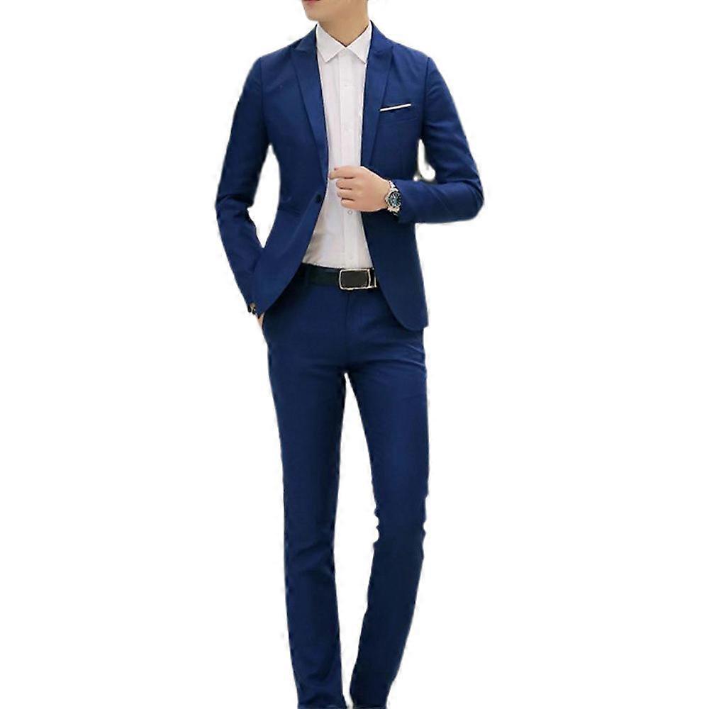 Men Plain Formal Single Breasted Blazer + Trousers Business Suit Set Lake Blue