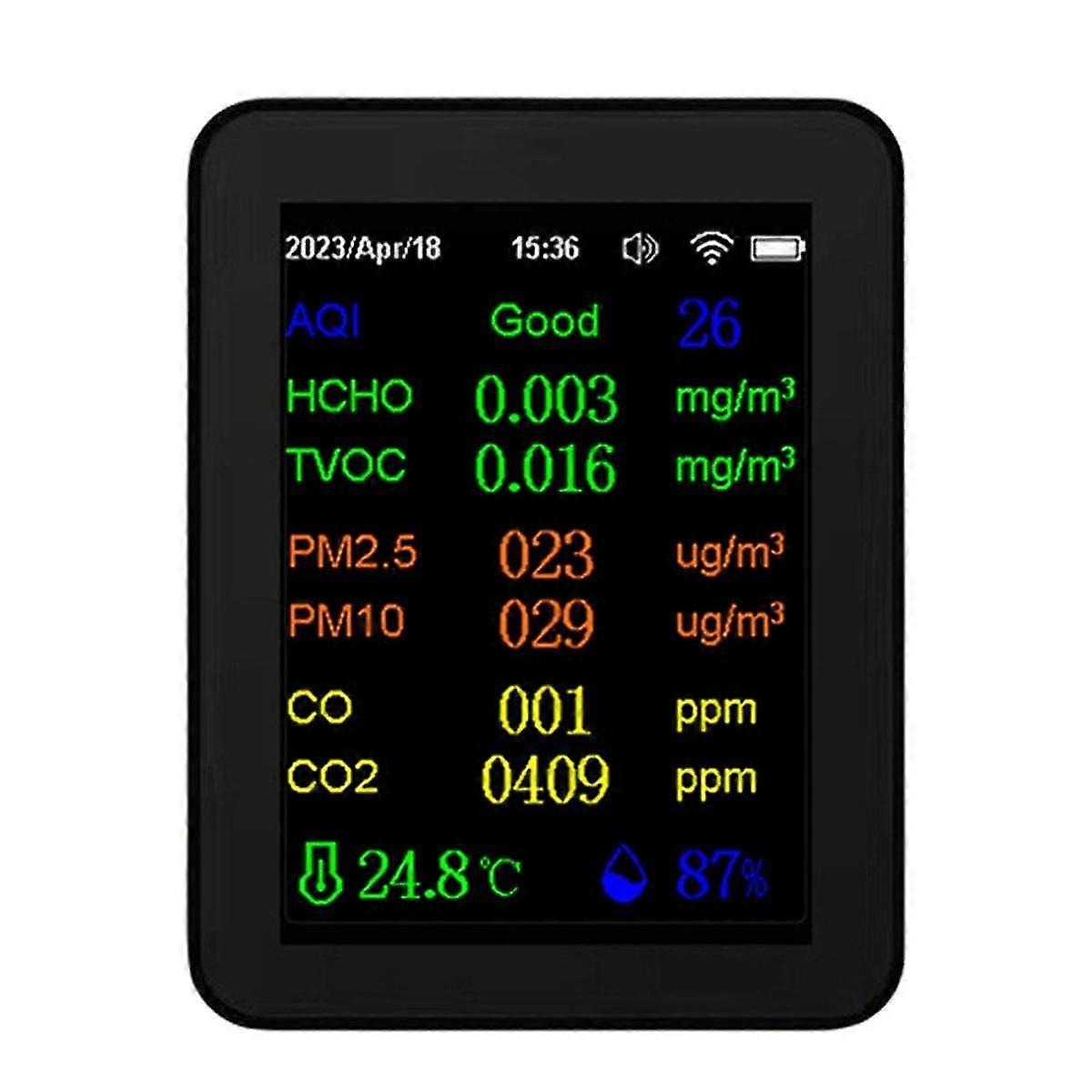 12 In 1 Air Quality Monitor Co2 Monitor With Time/ Date Display Wifi Pm2.5 Pm10 Co Co2 Tvoc Hcho Tester,black