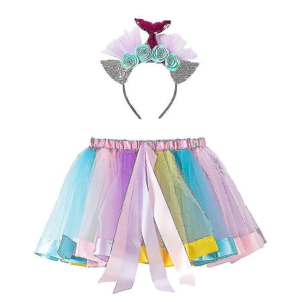 Ragazze arcobaleno a strati tulle tutù gonna con sirena fascia partito accessorio set - yu