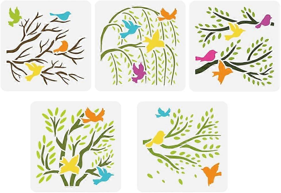 5PCS Birds and Trees Stencil for Painting 5.9x5.9inch Birds on Branches Drawing Template Tree Branches Painting Stencil Plastic Craft Stencil for Pain