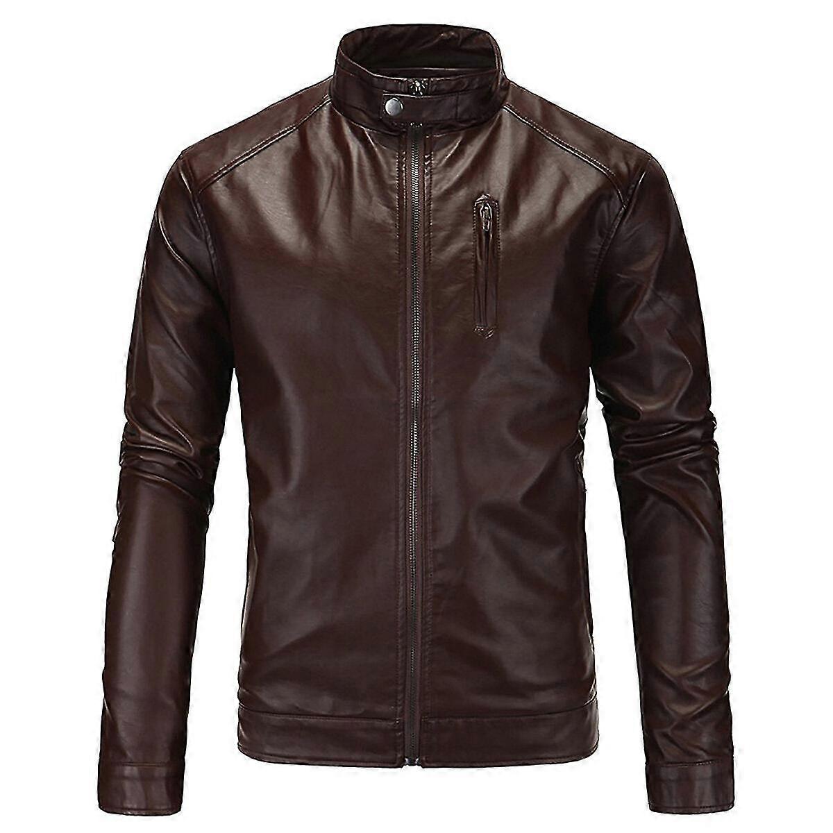 VAWAN Mens PU Solid Stand Collar Zipper Leather Coat