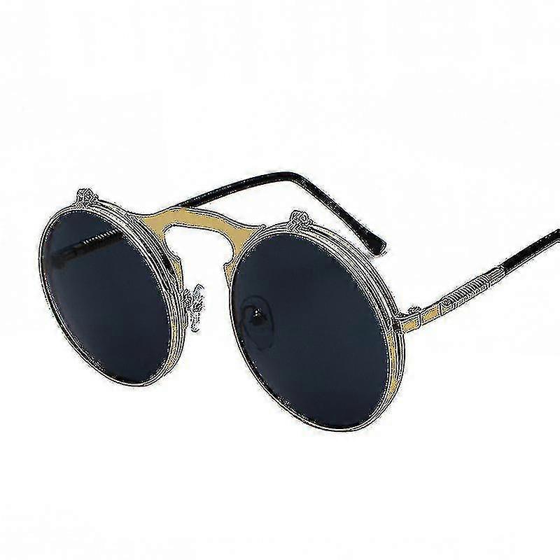 レトロメタルスチームパンクフリップサングラスラウンドフレームフリップサングラスメンズとレディースのトレンディなメガネ-ZZY