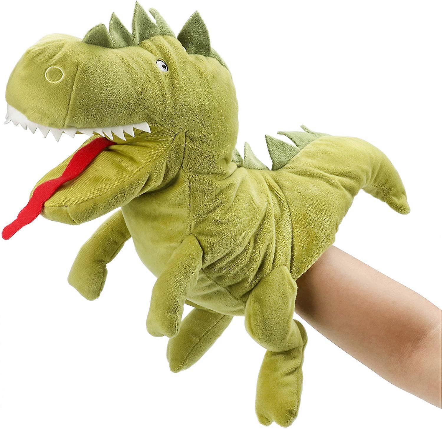 Plush Dinosaur Hand Puppet with Open Movable Mouth, Interactive Toy for Imagining Play, Role Play, Storytelling Teaching Puppet Theater, 13"
