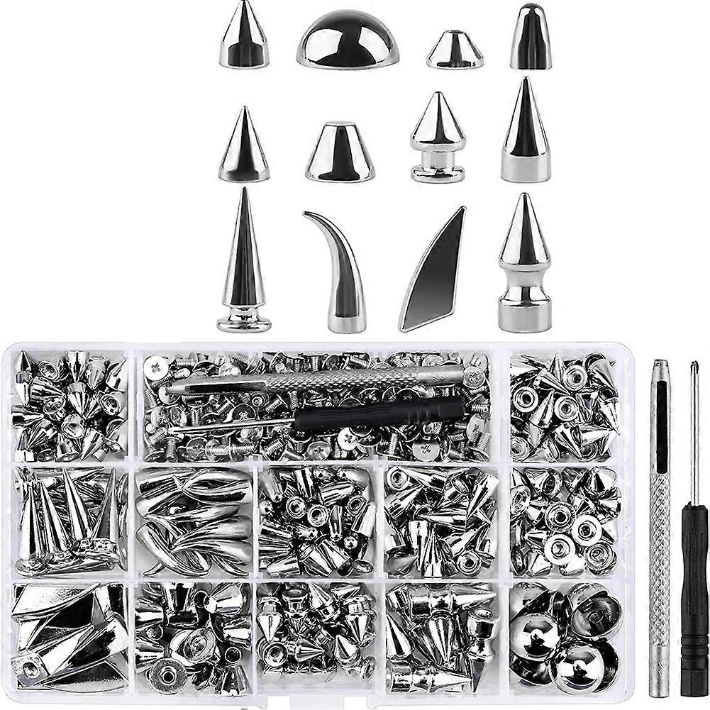 270Set Spikes and Studs,Mixed Shape Punk Spike Rivets Metallic Cone Screw Back Studs with Install T