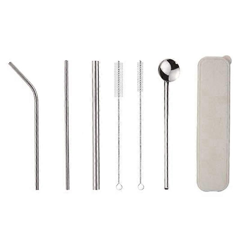 7Pcs Reusable Stainless Steel Straws Spoon Drinking Flatware with Cleaning Brush